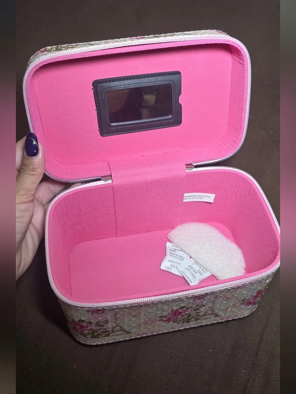 Pink Floral Eiffel Tower Cosmetic Train Case with Top Handle